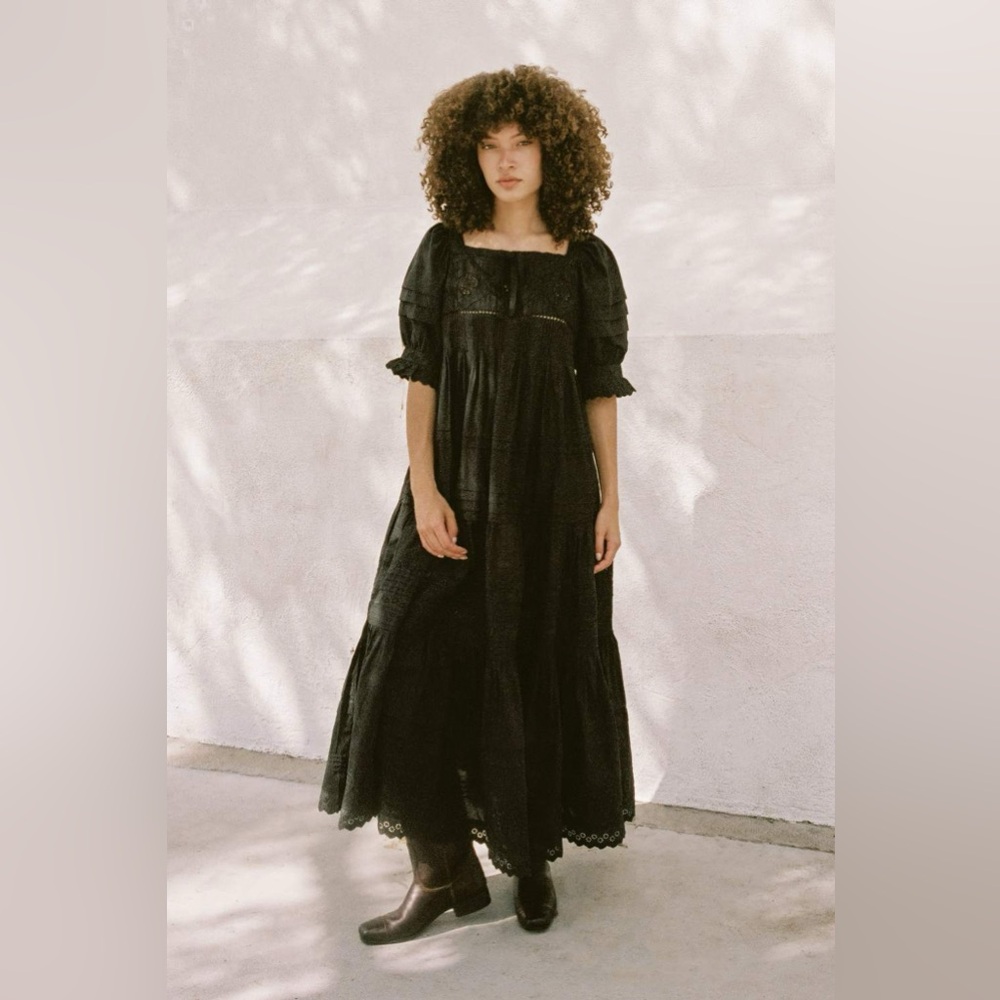 Christy Dawn Black Puff-Sleeve Eyelet Maxi Dress